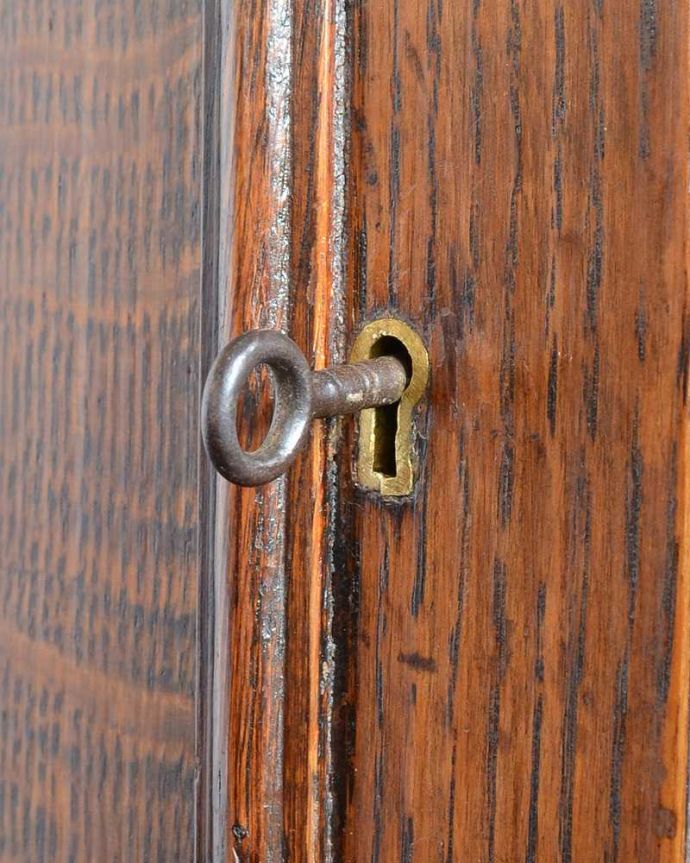 アンティークのキャビネット　アンティーク家具　華やかなアンティークの英国輸入家具、オーク材のブックケース（本棚）。小さなパーツにもこだわり現代とは違って良質な素材が使われているのが分かります。(k-2637-f)
