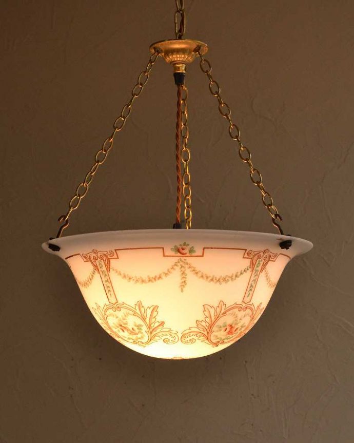 シャンデリア　照明・ライティング　薔薇のモチーフが美しい　アンティーク ハンギングボウル(Ｅ26級付き)。。(k-2638-z)