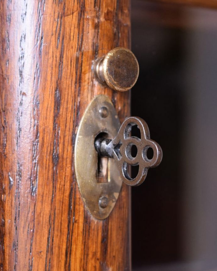 アンティークのキャビネット アンティーク家具 英国で見つけたアンティーク家具、美しい装飾が入ったブックケース。小さなパーツにもこだわり現代とは違って良質な素材が使われているのが分かります。(k-2675-f)