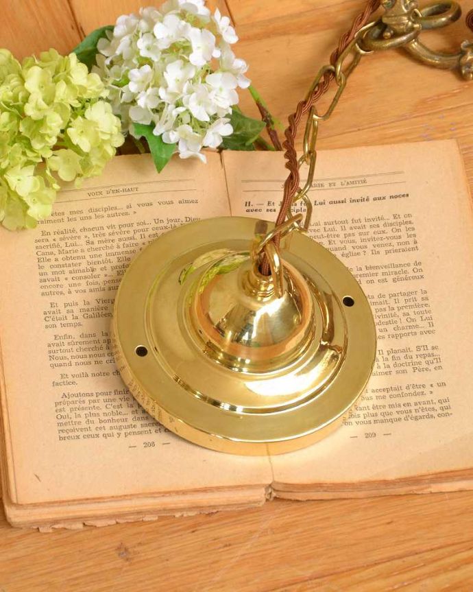 シャンデリア　照明・ライティング　イギリスで見つけた真鍮×ガラスシェードのアンティークシャンデリア(3灯)(E17シャンデリア電球付)。カバーも付いています。(k-2730-z)