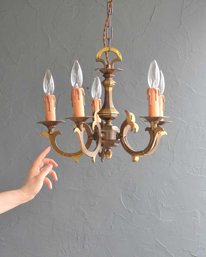シャンデリア　照明・ライティング　フランスで見つけた真鍮製シャンデリア（5灯）（Ｅ17シャンデリア球付）。。(k-2901-z)