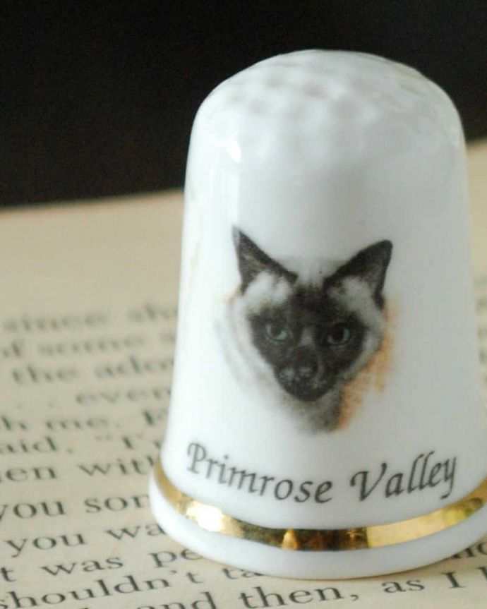 アンティーク 陶磁器の雑貨　アンティーク雑貨　ネコが描かれた可愛いアンティークシンブル（prirnrose valley ）。幸運を呼ぶ女性のためのコレクションアイテムシンブルとは、上流階級の女性がたしなみとして行ったお裁縫の時に使った指ぬきのこと。(k-3086-z)