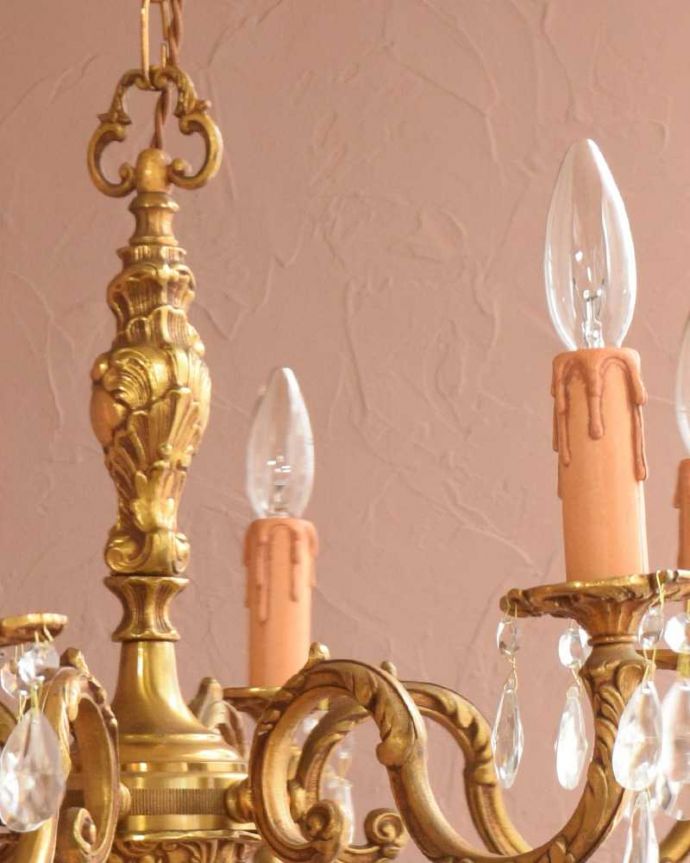 シャンデリア　照明・ライティング　ガラスドロップ×真鍮製アンティークシャンデリア（6灯）（Ｅ17シャンデリア球付） 。。(k-3380-z)