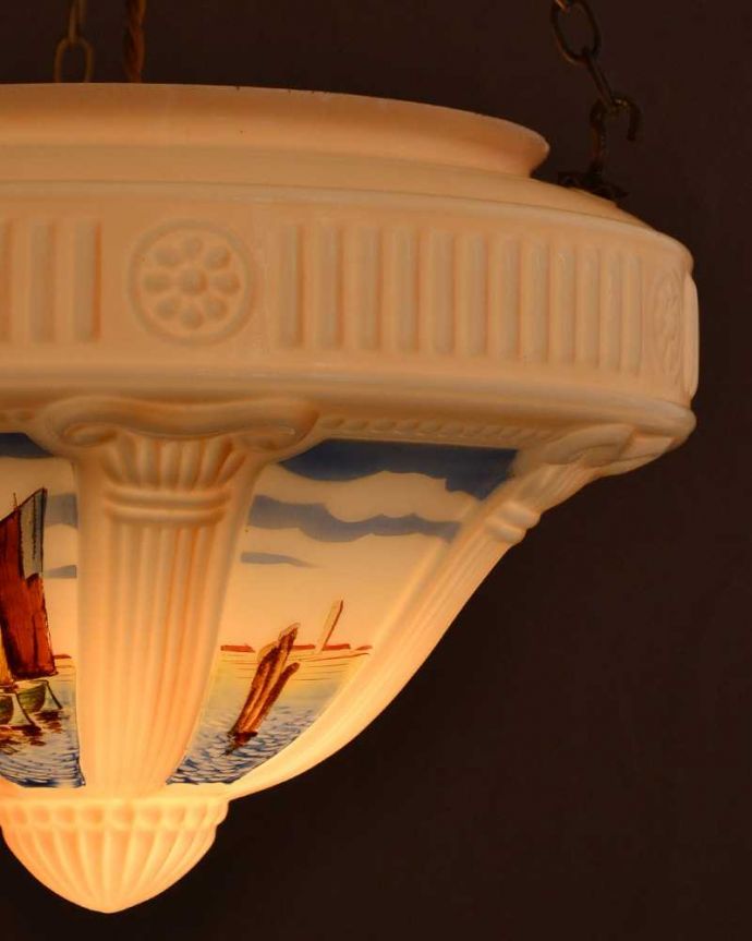 シャンデリア　アンティーク家具　ヨットが描かれた珍しいデザイン、アンティークのハンギングボウル（E26球付）。。(k-3780-z)