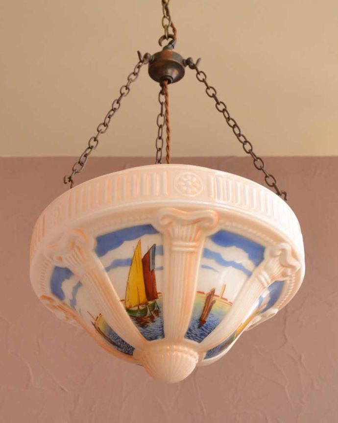 シャンデリア　アンティーク家具　ヨットが描かれた珍しいデザイン、アンティークのハンギングボウル（E26球付）。。(k-3780-z)