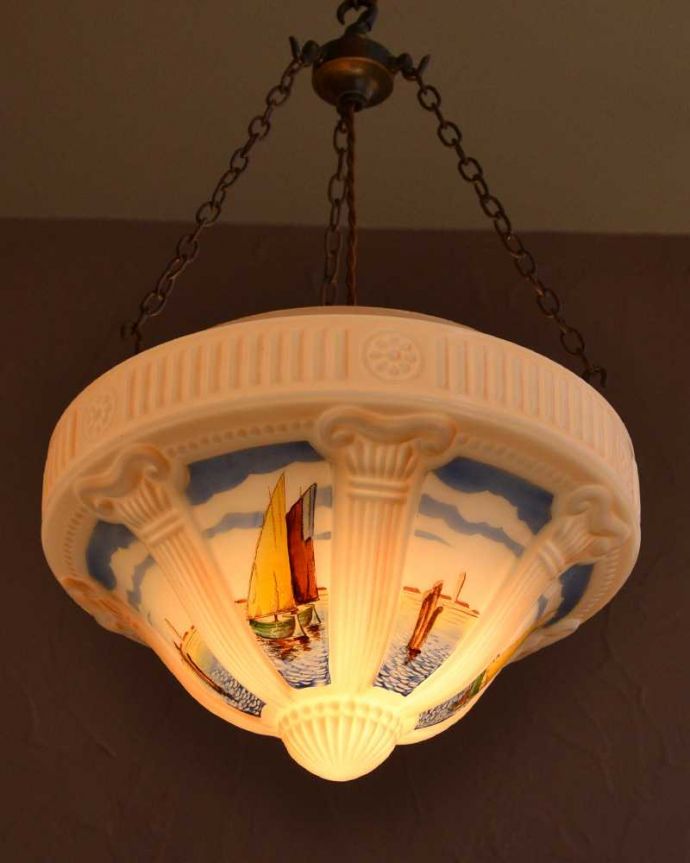 シャンデリア　アンティーク家具　ヨットが描かれた珍しいデザイン、アンティークのハンギングボウル（E26球付）。。(k-3780-z)