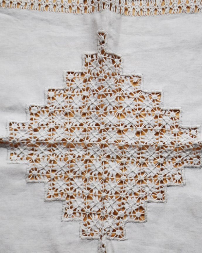 アンティーク 布製の雑貨　アンティーク雑貨　お花のカットワークが華やかなイギリスのアンティークテーブルクロス（ドイリー）　一枚一枚手作業で丁寧に編み込まれていますハンドメイドの繊細さとあたたかさがあります。(k-4126-z)
