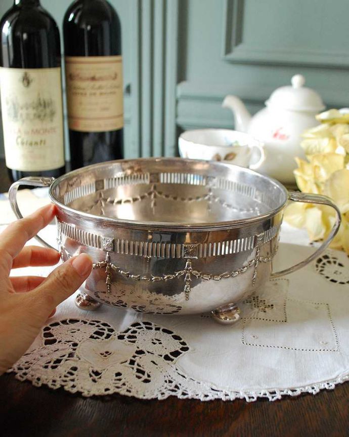テーブルウェア(食器) アンティーク雑貨 英国の銀食器、Mappin&Webb(マッピン&ウェッブ)アンティークシルバーのボールコンポート。テーブルコーディネートの主役になります。(m-1882-z)