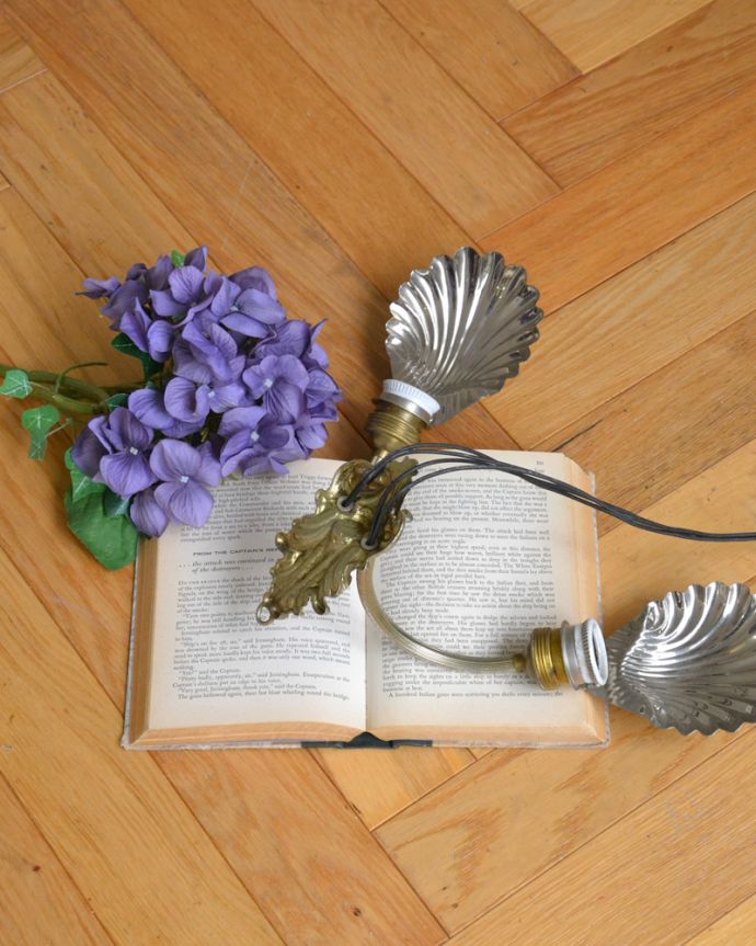 壁付けブラケット　照明・ライティング　フランス輸入のアンティーク照明、シェルモチーフのウォールブラケット（Ｅ26型　2個付）。。(m-2055-z)