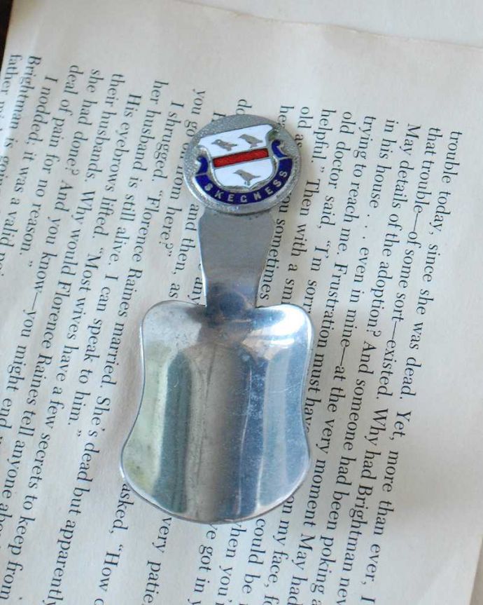 アンティーク シルバー製　アンティーク雑貨　英国輸入のアンティークキャディスプーン（SKEGNESS)。上から見るとこんな感じですアンティークなので多少のキズ・汚れがある場合がありますが、使用上問題はありませんので、ご了承下さい。(m-2105-z)