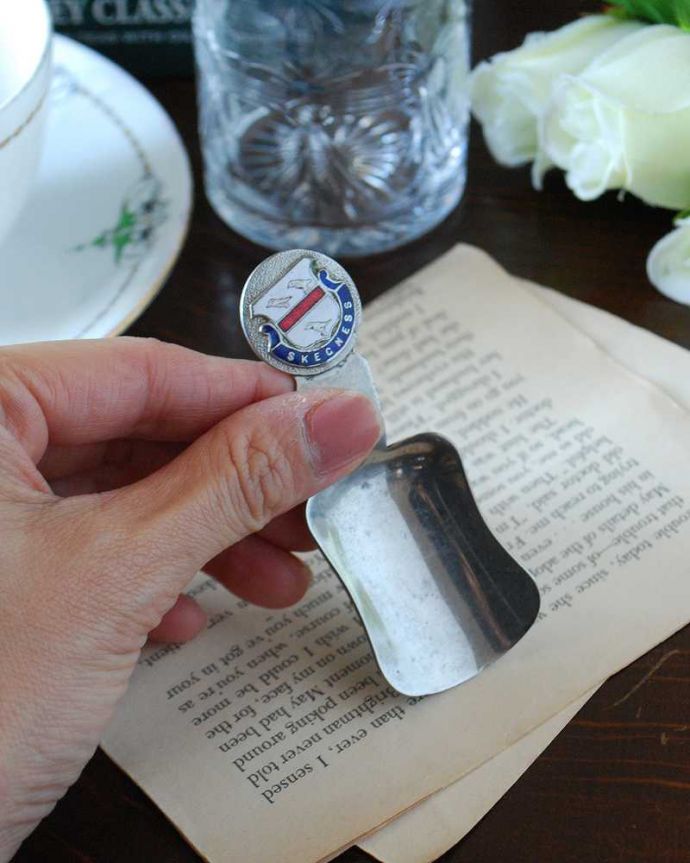 アンティーク シルバー製　アンティーク雑貨　英国輸入のアンティークキャディスプーン（SKEGNESS)。大きさはこれくらいですコレクションしたくなるくらい、いろんなデザインのものがあります。(m-2105-z)