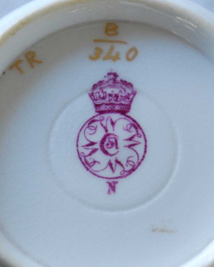 アンティーク 陶磁器の雑貨 アンティーク雑貨 シックなお花と金彩のコラボがかっこいいロイヤルウースターのアンティークカップ&ソーサー。裏側には品質の証製造メーカー保証の意味がこもった窯印、ポーセリンマークがあります。(m-2538-z)