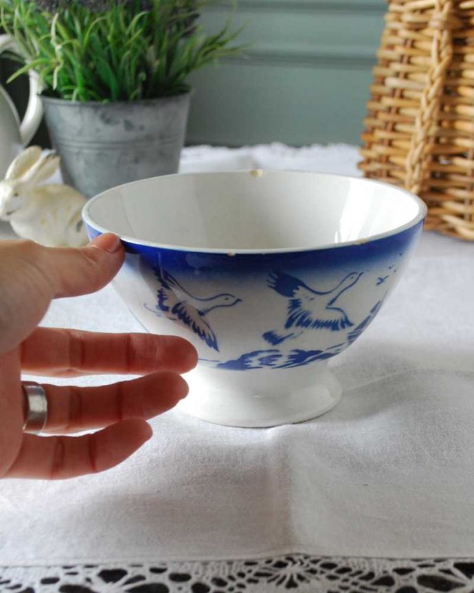 アンティーク 陶磁器の雑貨　アンティーク雑貨　フランス輸入の優雅に飛ぶスワンのアンティークカフェオレボウル。大きさはコレくらいですとっても使いやすい大きさ。(m-3032-z)