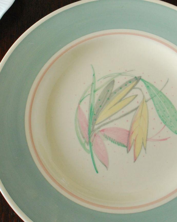 スージークーパー アンティーク雑貨 スージークーパープレートのアンティークプレート(大)、ロングリーフ。スージークーパーの得意なリーフ柄葉っぱの絵が得意だったスージーの作品の中で、一番カラフルなリーフ柄「ロングリーフ」。(m-3838-z)