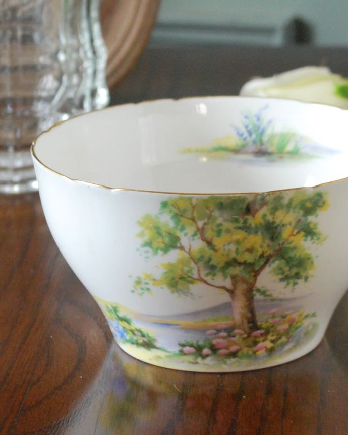 シェ―リー窯　アンティーク雑貨　シェリー窯のアンティーク陶磁器、リッチモンドシェイプのシュガーボウル（ウッドランド） 。世界のコレクターが愛するシェリー窯今はなき英国の名窯、シェリーが作り出した作品は、どれも女性に人気。(m-4110-z)