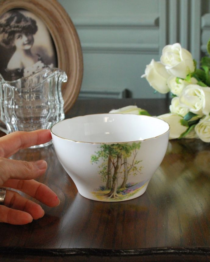 シェ―リー窯　アンティーク雑貨　シェリー窯のアンティーク陶磁器、リッチモンドシェイプのシュガーボウル（ウッドランド） 。自分流の使い方で楽しんでくださいアンティークなのでキズや汚れはありますが、使えるものだけを選んできました。(m-4110-z)