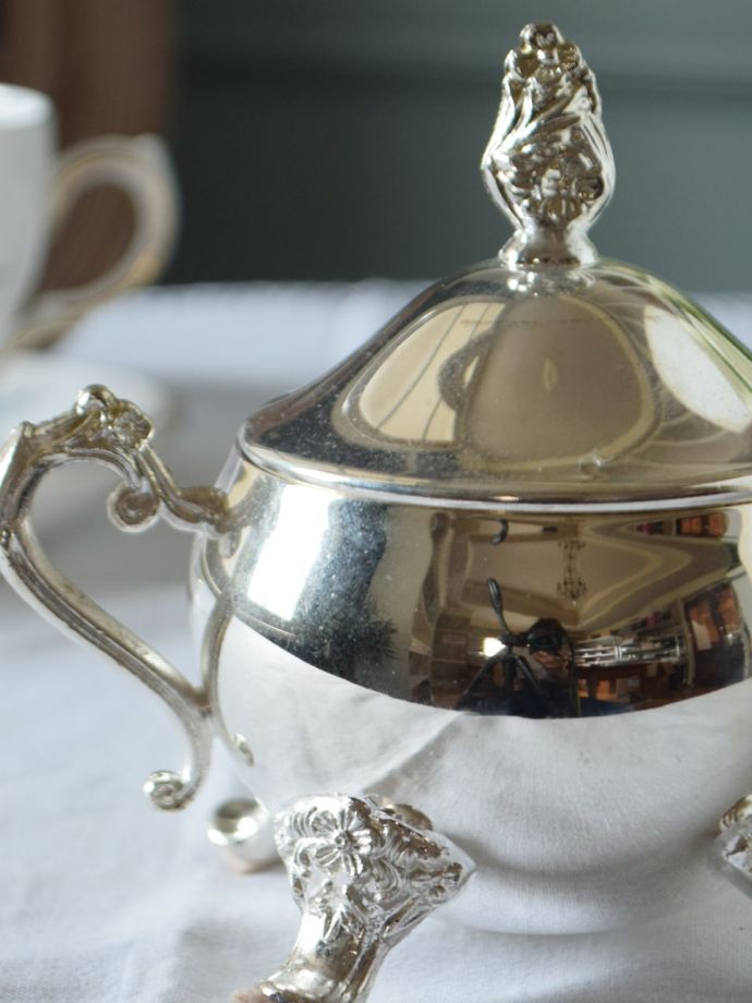英国製シルバープレートのシュガーポット、アンティークシルバー