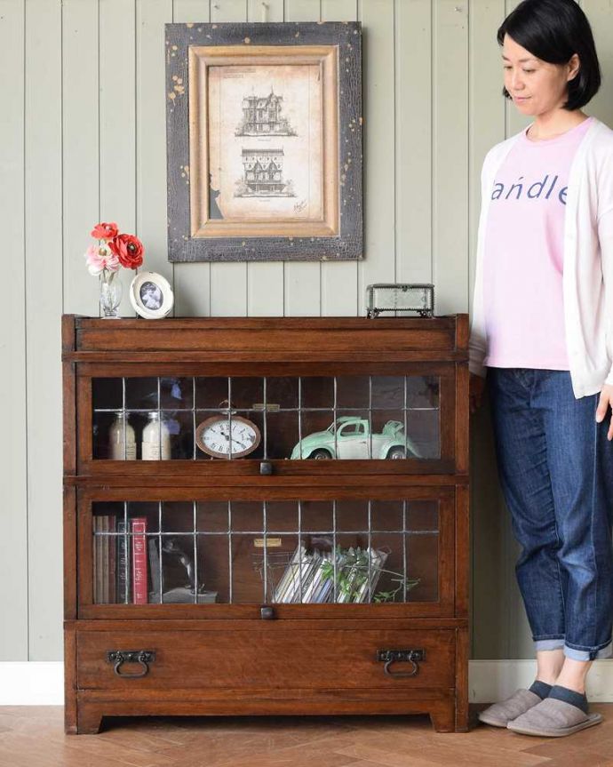 アンティークのキャビネット　アンティーク家具　グローブ・ヴェルニッケ社の英国輸入のアンティークスタッキングブックケース（本棚）。積み上げる本棚、スタッキングブックケースもともと事務機器として造られた家具。(m-638-f)