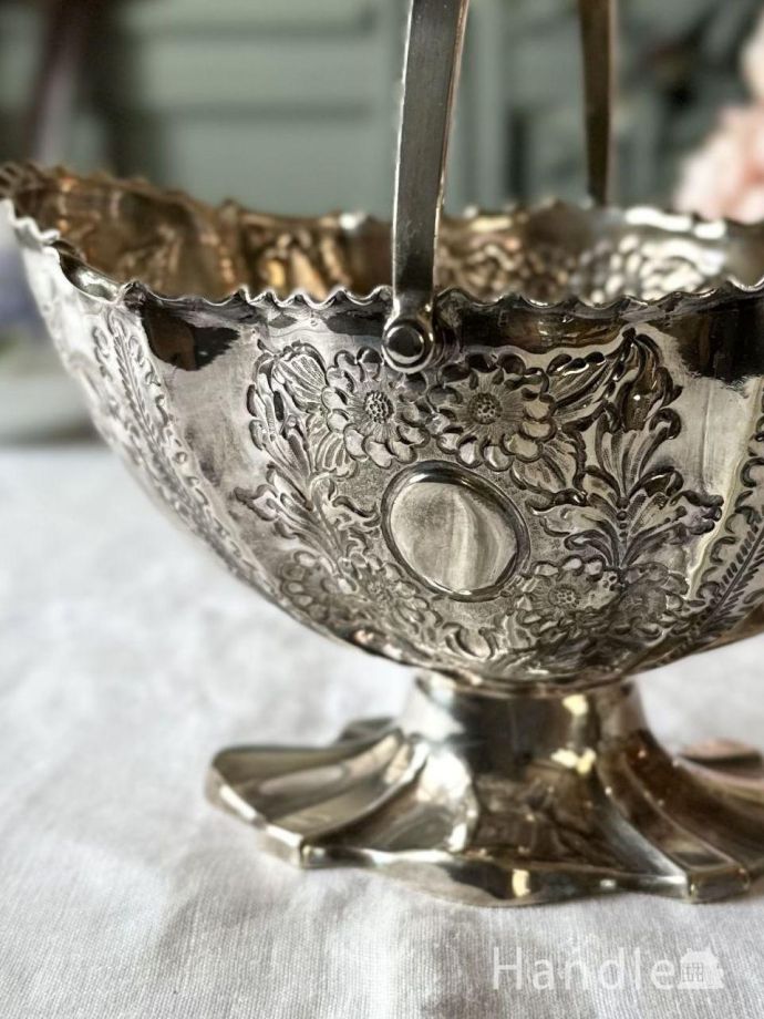 英国の美しいアンティークシルバープレートの器、バスケット型の