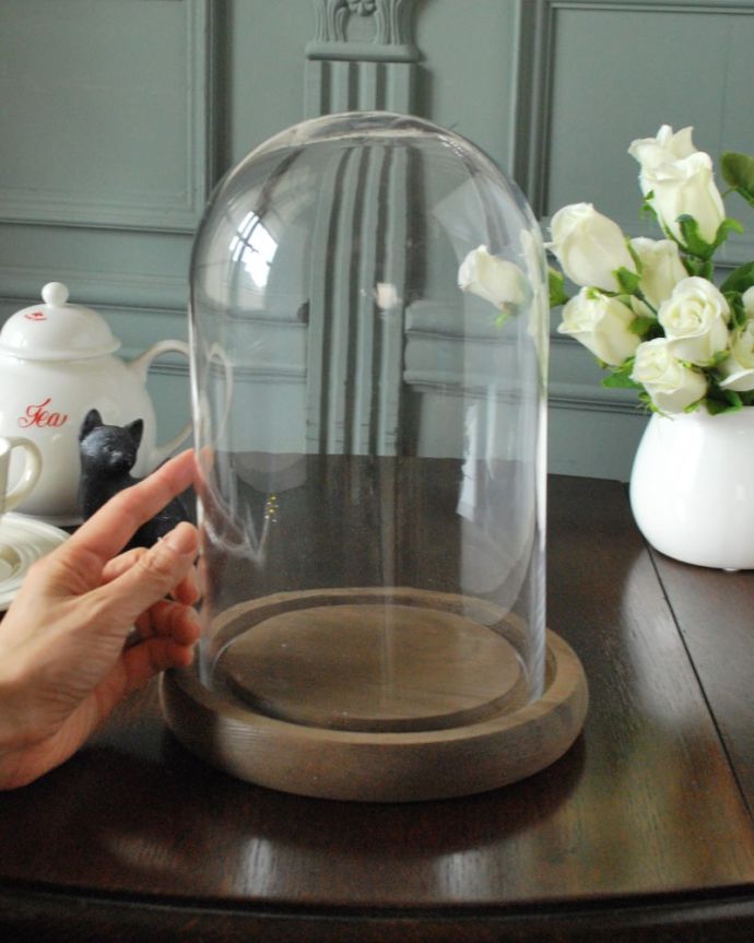 リビング雑貨 インテリア雑貨 アンティーク風のガラスドーム、ガラス×パイン材のガラスドーム(XS)。大きさはこれくらい高さがあるものも中に入れてディスプレイを楽しめます。(n12-365)
