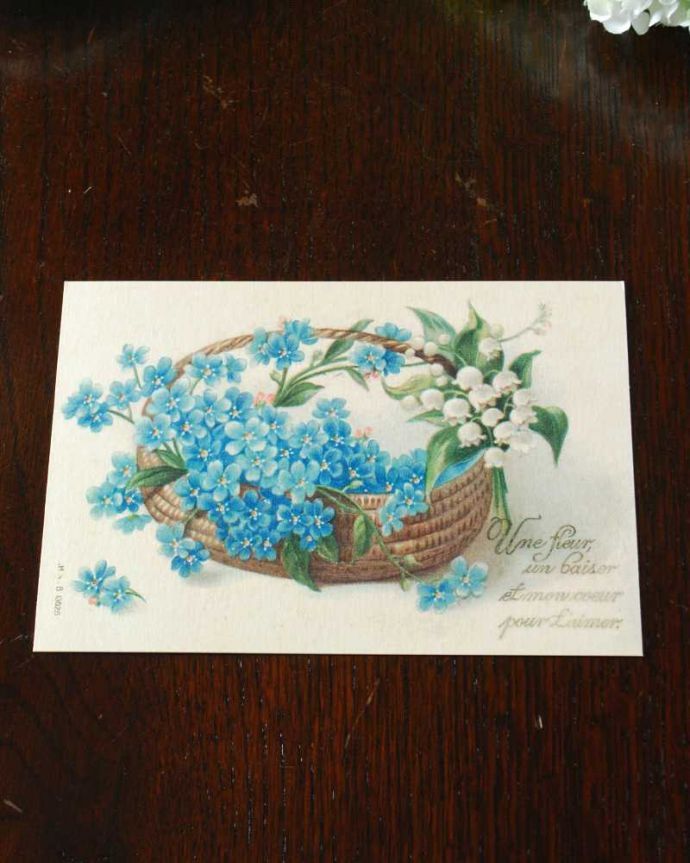 ポストカード インテリア雑貨 お花の模様が描かれたアンティーク風のポストカードセット(5枚入り)。勿忘草とスズラン幸せを運んでくる2種類の爽やかなお花が一緒に描かれています。(n13-007)