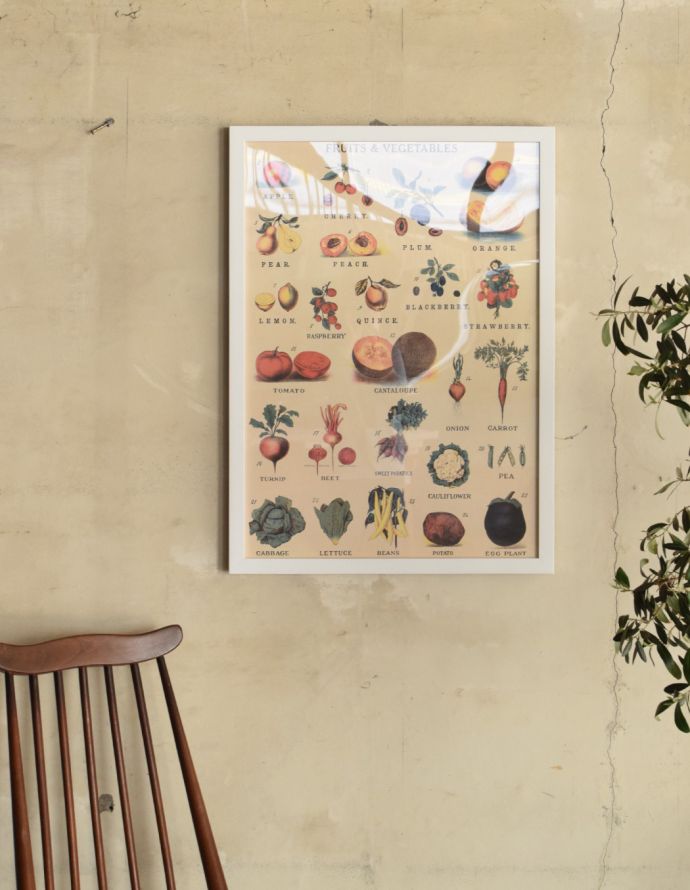 リビング雑貨　インテリア雑貨　Cavallini社アートフレーム（FRUITS＆VEGETABLES）。壁に付けるだけで、お洒落なアクセントになります。(n7-086)