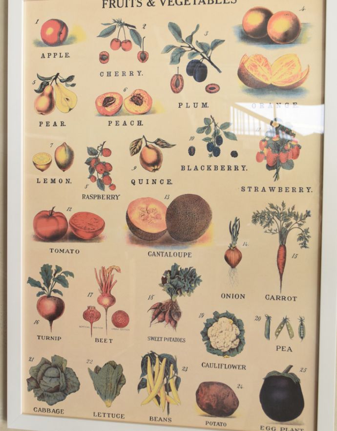 リビング雑貨　インテリア雑貨　Cavallini社アートフレーム（FRUITS＆VEGETABLES）。ユーモアたっぷりの可愛いアートフレームで壁のお洒落を楽しみませんか？。(n7-086)