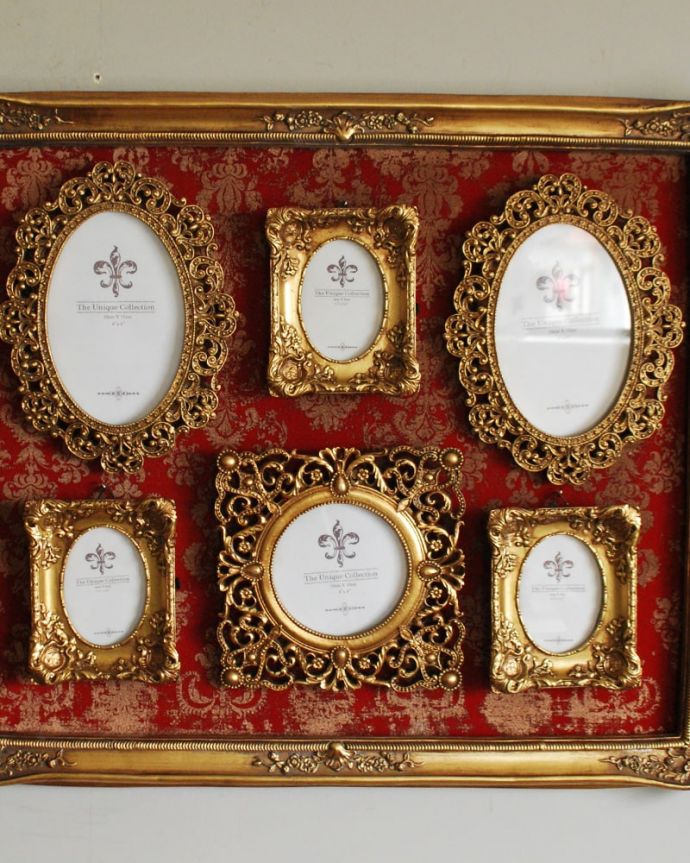 インテリア雑貨 アンティーク風のファミリーフォトフレーム(RD) フレームは外れます大小6個のフレームは一つ一つ外れます。(n7-190)
