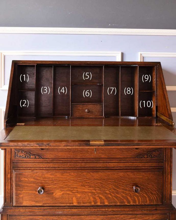 ビューロー　アンティーク家具　彫刻が美しいライティングビューロー（デスク）、アンティーク英国輸入家具。細かく仕切られた中身にうっとり扉の中身はこんなに細かく仕切られています。(q-1043-f)