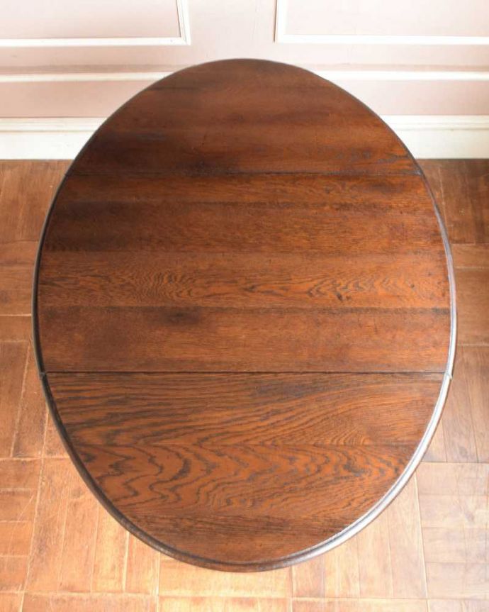 アンティークのテーブル　アンティーク家具　ツイスト脚の美しいアンティーク英国家具、オーバル型の伸張式ダイニングテーブル（ゲートレッグテーブル） 。天板の修復には自信があります。(q-1257-f)