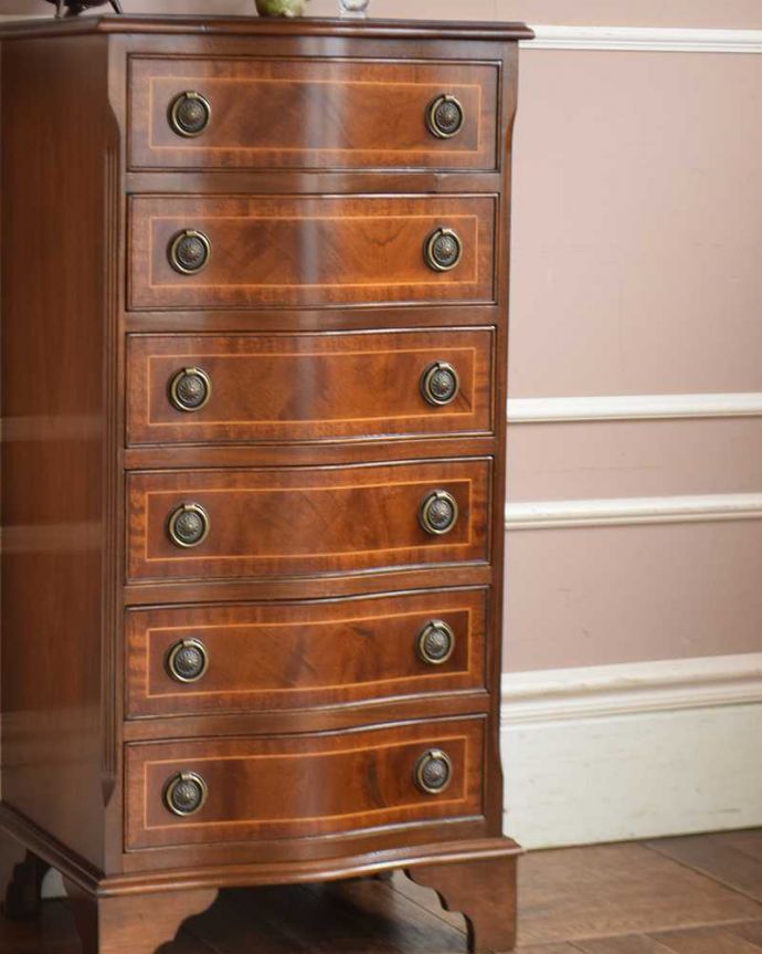 アンティークのチェスト アンティーク家具 マホガニー材のアンティーク英国家具、美しいチェスト(トールボーイ)。収納と魅せ場。(q-1384-f)