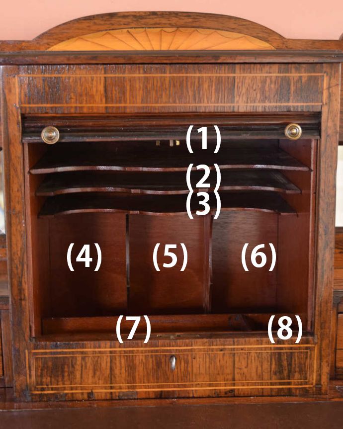 アンティークのデスク・書斎机　アンティーク家具　主役級に美しいアンティーク家具、コンパクトサイズのライティングデスク。扉を開けて中を見てみると･･･デスクにしてはめずらしく扉収納が付いています。(q-1417-f)