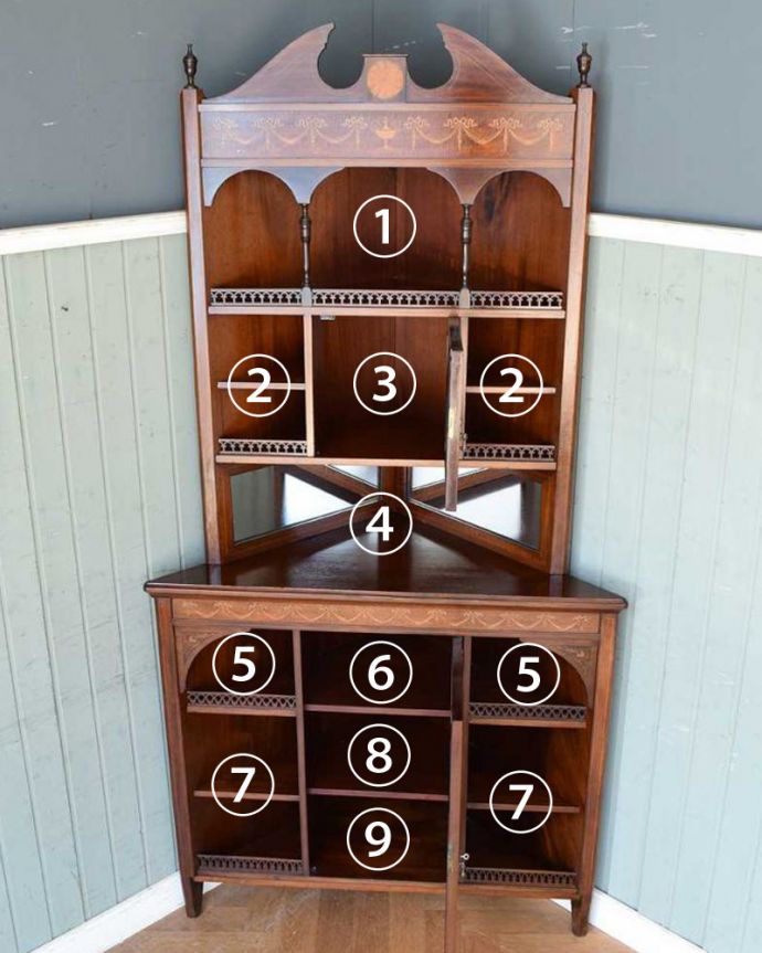 アンティークのキャビネット アンティーク家具 お部屋のコーナーを彩るキャビネット、象嵌が美しい英国アンティーク家具。扉を開けてみると・・・専門の職人がしっかり修復していますので、扉の中はピカピカです。(q-1497-f)