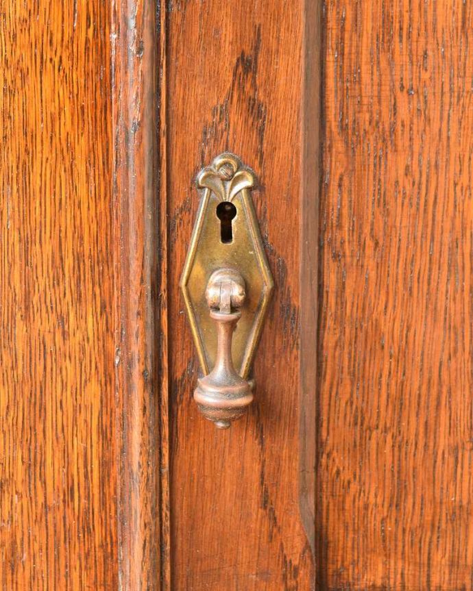 アンティークのキャビネット　アンティーク家具　カッコいいアンティークの英国家具、シックな大人色のブックケース。小さなパーツにもこだわりが取っ手だけを見ていても現代の家具とは全然違って質感がいいのがわかります。(q-1502-f)