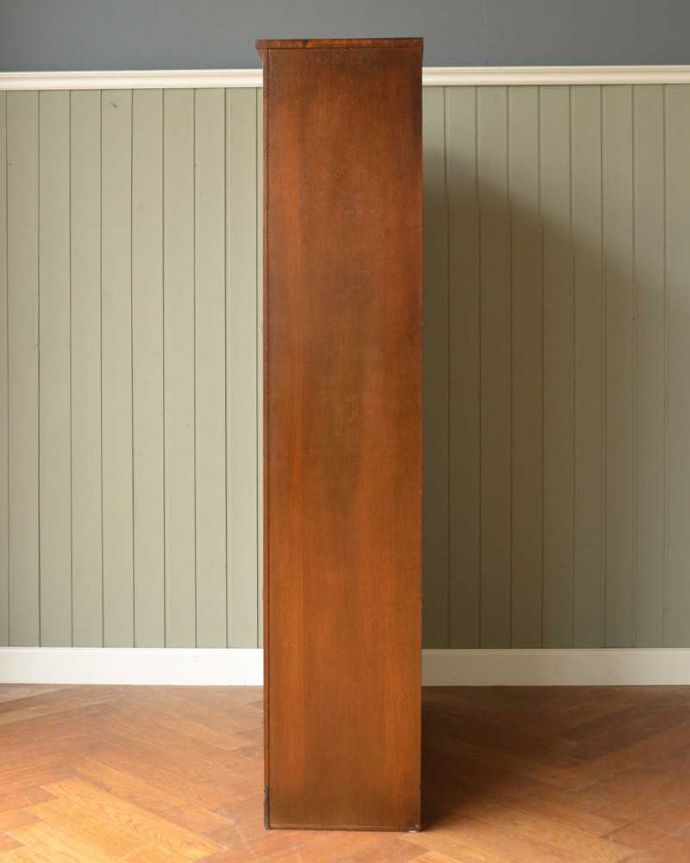 アンティークのキャビネット　アンティーク家具　六角形のガラス模様がキレイな英国のブックケース（本棚）、かっこいいアンティーク家具。横から見てもステキ正面だけじゃなく横から見るとこんな感じです。(q-1593-f)