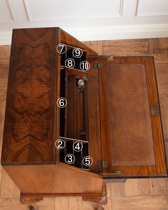 ビューロー　アンティーク家具　英国から到着したアンティーク家具、美しいライティングビューロー（デスク） 。気になるデスクの天板やっぱりデスクで一番気になるのが天板。(q-1617-f)