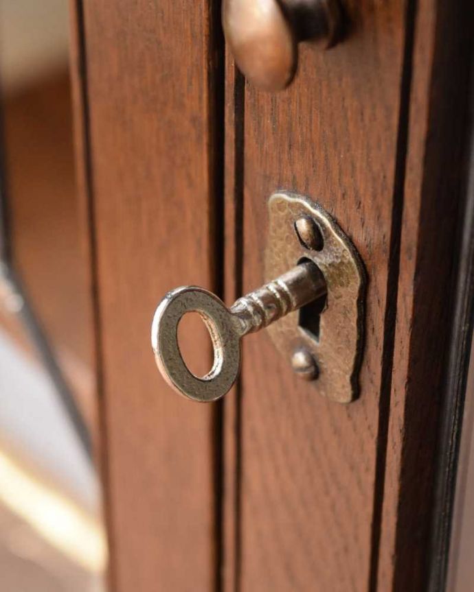 アンティークのキャビネット　アンティーク家具　ケイム材のガラス戸が美しいブックケース（本棚）、英国輸入のアンティーク家具。大切なものも収納出来ますおとぎ話に出てくるような可愛いアンティークの鍵が付いています。(q-1622-f)