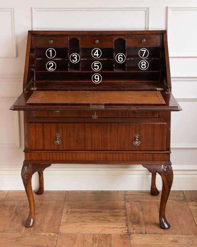 ビューロー　アンティーク家具　英国輸入の美しいアンティーク家具、優雅なライティングビューロー。お片付け上手になっちゃう仕掛け扉を倒すと細々としたものが整理整頓しやすいように細かく仕切られています。(q-1629-f)