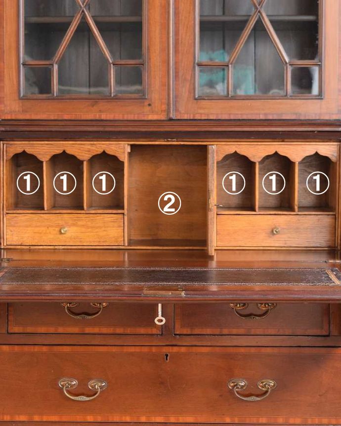 ビューロー　アンティーク家具　英国スタイルのアンティーク家具、シノワズリデザインのビューローブックケース。お片付け上手のヒミツ扉の中身はこんなに細かく仕切られています。(q-1697-f)