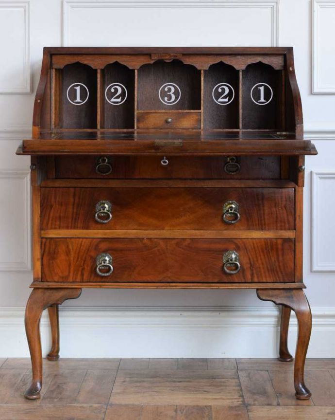 ビューロー　アンティーク家具　イギリスで見つけた高級感たっぷりなアンティークのライティングビューロー。お片付け上手になっちゃう仕掛け扉を倒すと細々としたものが整理整頓しやすいように細かく仕切られています。(q-1736-f)