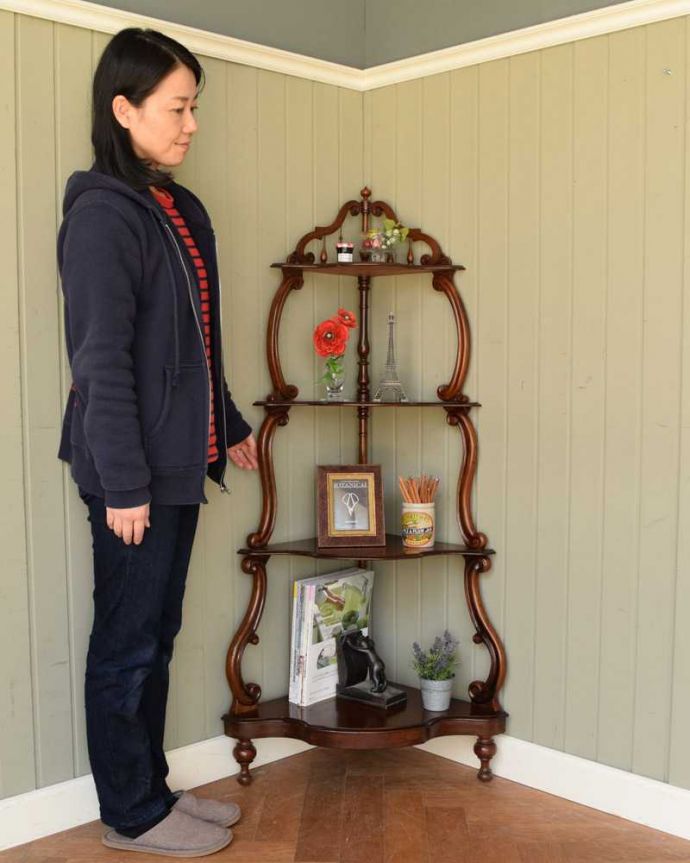 アンティークのキャビネット アンティーク家具 ディスプレイを楽しむ為の家具ホワットノット、アンティークのコーナーシェルフ。角にピタッと付けるだけで出来るおしゃれコーナーお部屋の角に魅せ場を作ってくれるクォータームーン(1/4)のシェルフ。(q-1750-f)