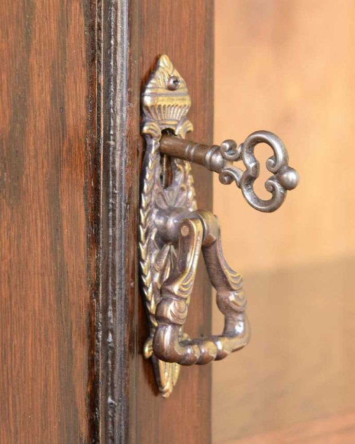 アンティークのキャビネット　アンティーク家具　英国で見つけたブックケース、ケイム材でデザインされた美しいガラス扉のキャビネット。大切なものも収納出来ますおとぎ話に出てくるような可愛いアンティークの鍵が付いています。(q-1787-f)