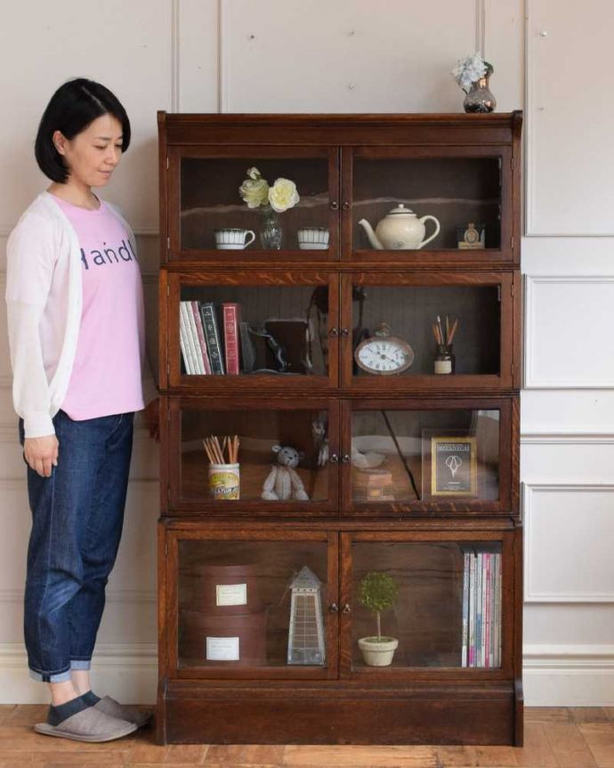 アンティークのキャビネット　アンティーク家具　重ねて積み上げるスタッキングブックケース（本棚）、英国輸入のアンティーク家具。積み上げる本棚、スタッキングブックケースもともと事務機器として造られた家具。(q-1842-f)