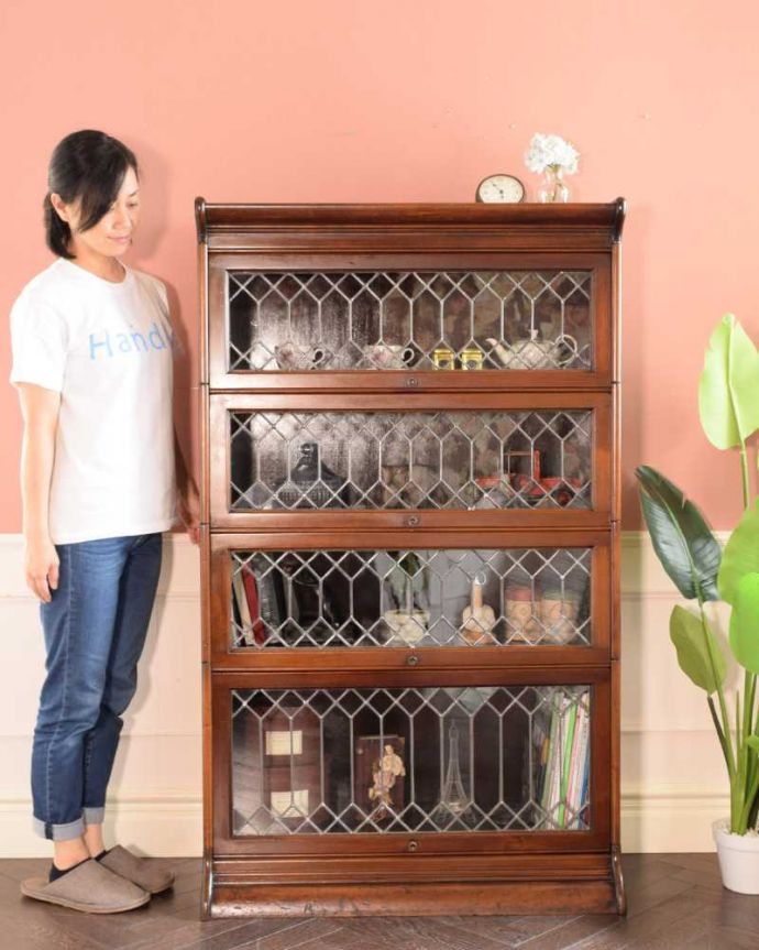 アンティークのキャビネット アンティーク家具 ケイムで仕上がったガラス扉がかっこいい、英国のアンティークスタッキングブックケース(本棚) 。積み上げる本棚、スタッキングブックケースもともと事務機器として造られた家具。(q-1886-f)