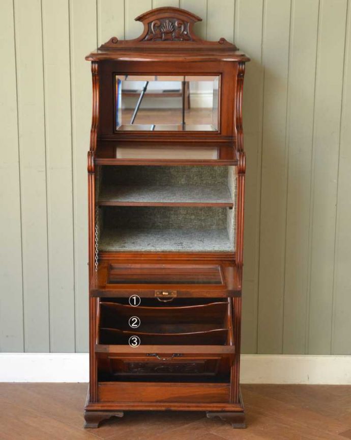 アンティークのキャビネット　アンティーク家具　豪華なアンティーク家具、イギリスで見つけたミラー付きのミュージックキャビネット。扉を開けてみると･･･贅沢な造りの家具に合わせて、しっかり修復しました。(q-1898-f)