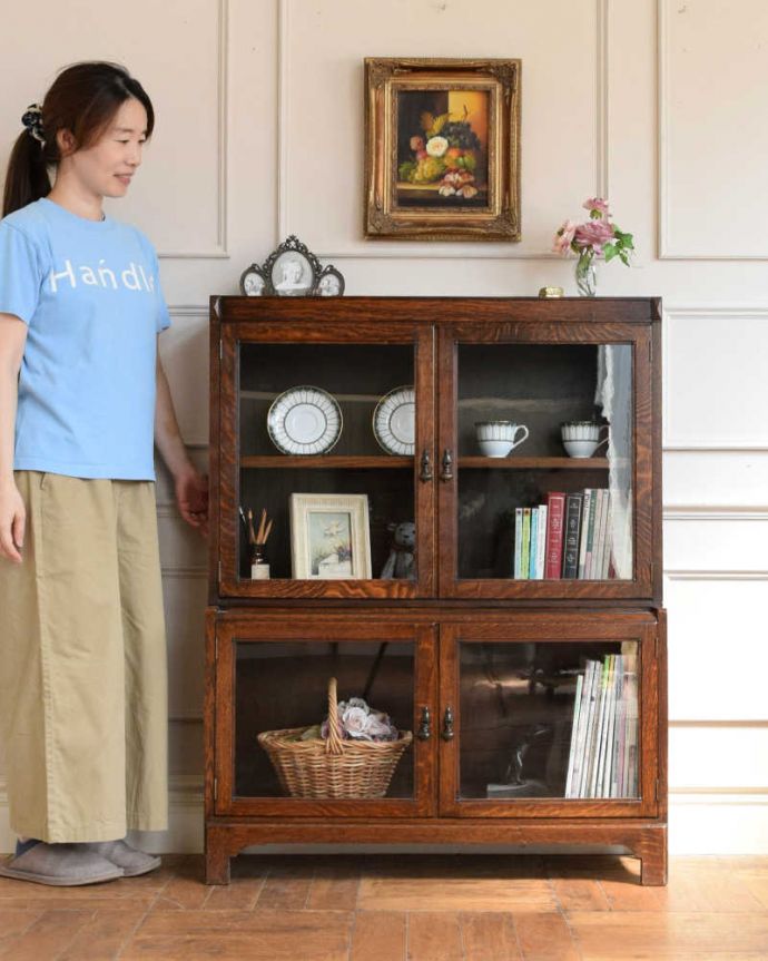 アンティークのキャビネット　アンティーク家具　重ねて積み上げるスタッキングブックケース、英国輸入のアンティークキャビネット 。積み上げる本棚、スタッキングブックケースもともと事務機器として造られた家具。(q-1930-f)