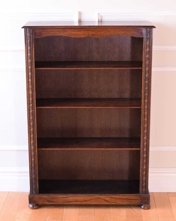 アンティークのキャビネット　アンティーク家具　英国スタイルのアンティーク家具、オープン棚のブックシェルフ（本棚）。キレイに修復したので、安心して使って下さい。(q-1943-f)