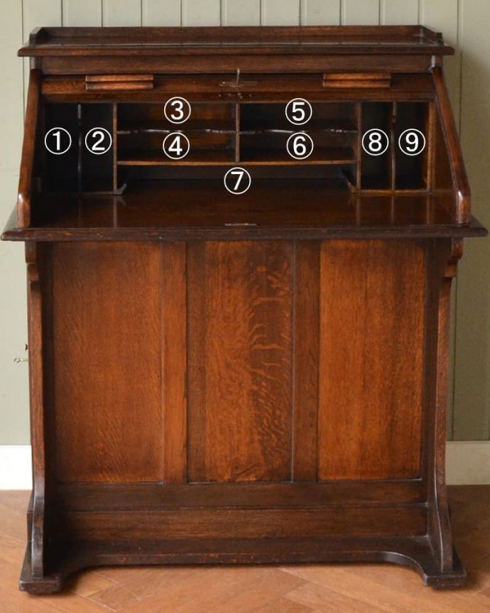 ビューロー　アンティーク家具　英国から届いためずらしいアンティーク家具、ロールアップ扉のライティングビューロー。お片付け上手になっちゃう仕掛けロールアップさせると細々としたものが整理整頓しやすいように細かく仕切られています。(q-2048-f)