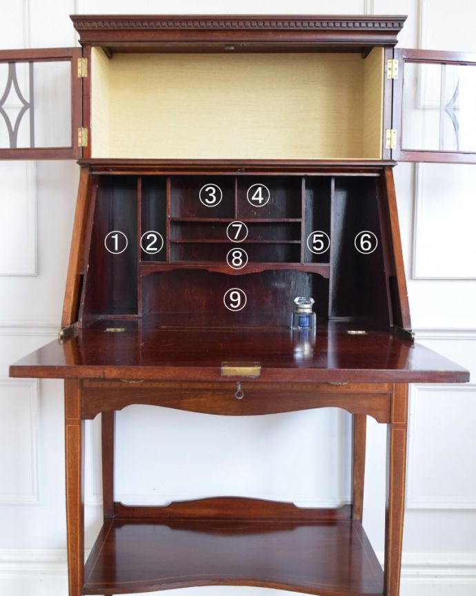 ビューロー　アンティーク家具　英国のアンティーク書斎机、飾り棚とデスクが付いた気品溢れるビューローブックケース。お片付け上手のヒミツ扉の中身はこんなに細かく仕切られています。(q-2117-f)