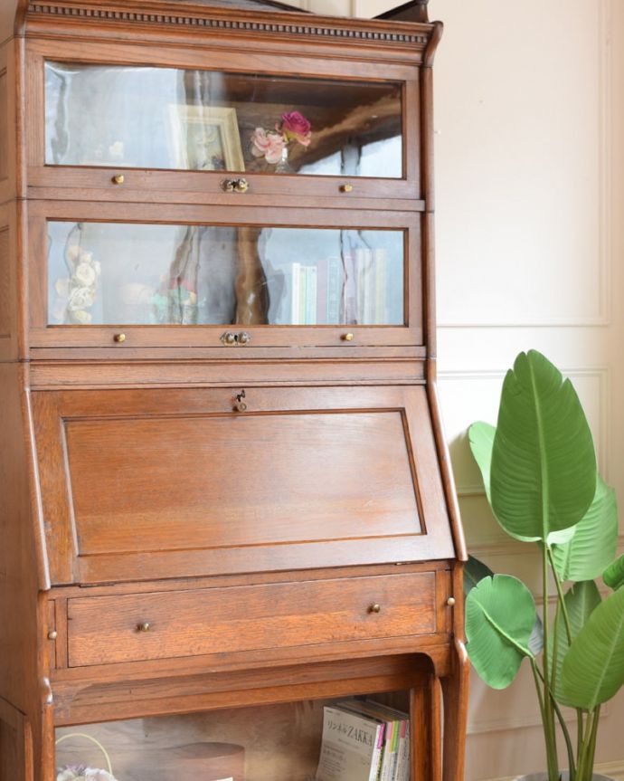 アンティークのキャビネット　アンティーク家具　ビューローブックケース　ガラス越しに中をのぞいてみると･･･こんなにおしゃれな家具が事務機器だったなんて考えられないくらい。(q-2208-f)